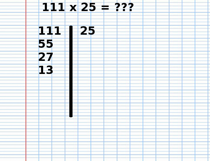 Multiplication Russe de 111 fois 25, étape 4 Multiplication Russe de 111 fois 25, étape 4