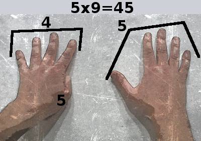 9 x 5 avec les doigts et les mains