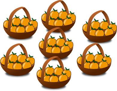 7 paniers d'oranges pour expliquer la table de multiplication de 7 (sept)