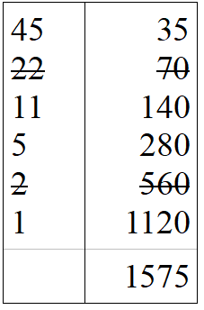 multiplication russe 45 x 35