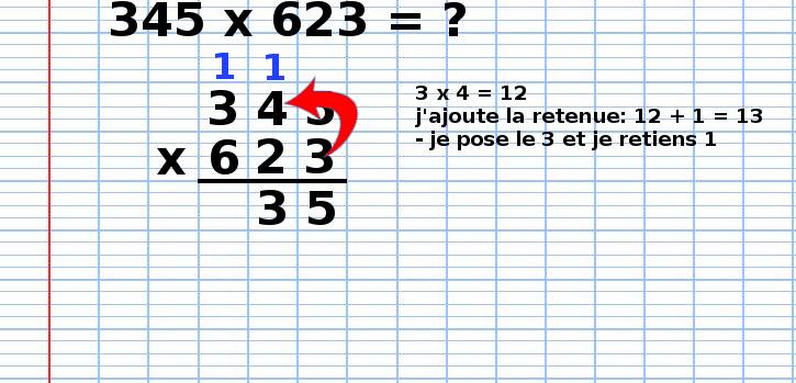 poser une multiplication 345x623, étape 3