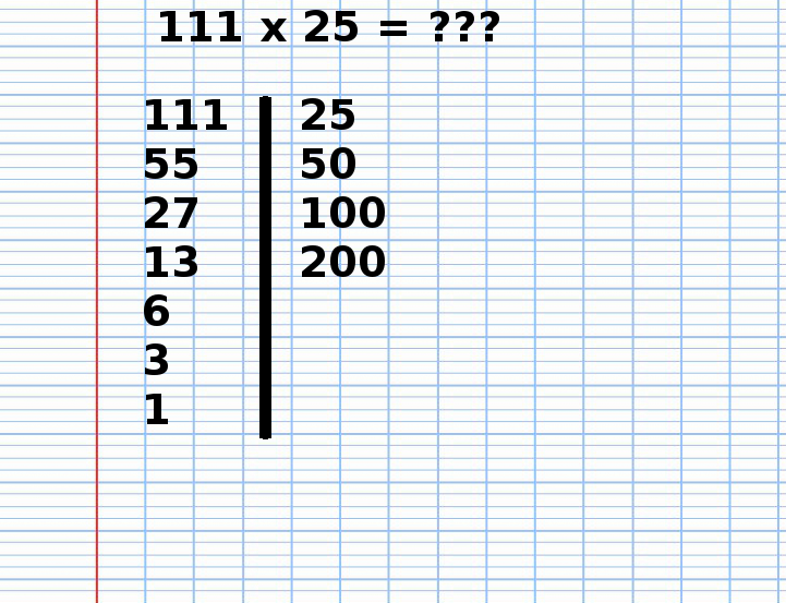 Multiplication Russe de 111 fois 25, étape 10