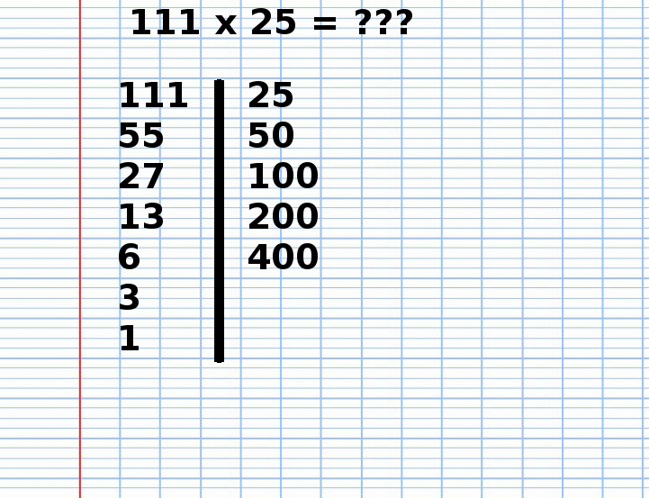 Multiplication Russe de 111 fois 25, étape 11