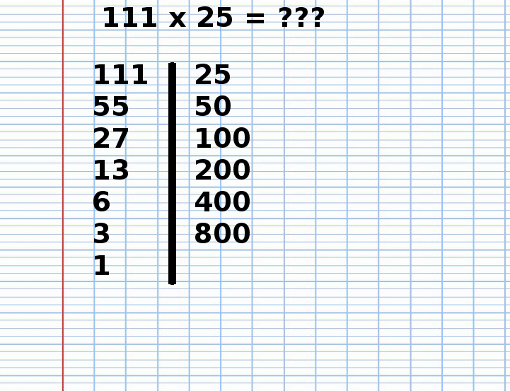 Multiplication Russe de 111 fois 25, étape 12