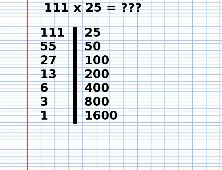 Multiplication Russe de 111 fois 25, étape 13