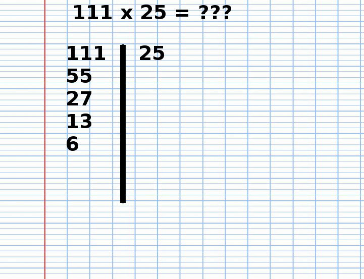 Multiplication Russe de 111 fois 25, étape 5