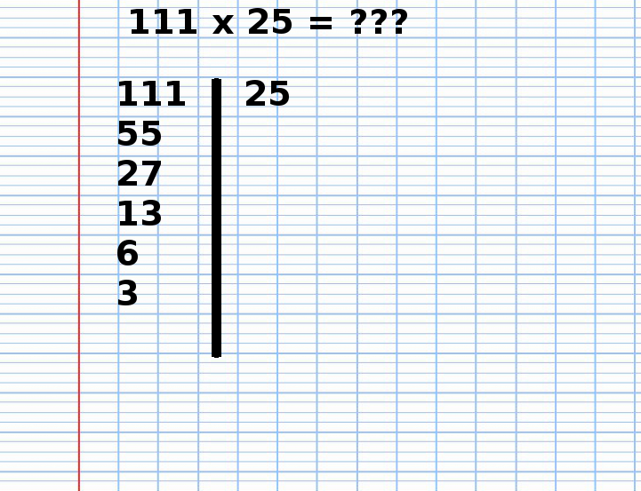 Multiplication Russe de 111 fois 25, étape 6