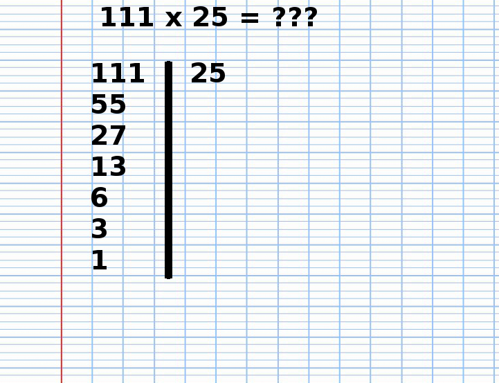 Multiplication Russe de 111 fois 25, étape 7