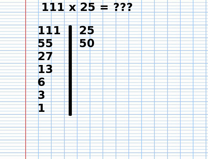 Multiplication Russe de 111 fois 25, étape 8