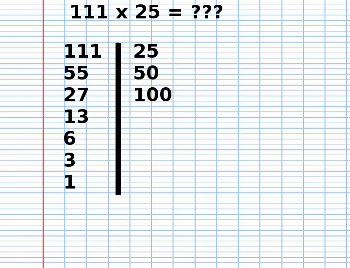 Multiplication Russe de 111 fois 25, étape 9